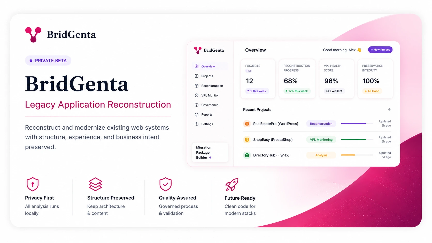 BridGenta project overview showing the public presentation of the legacy application reconstruction platform.