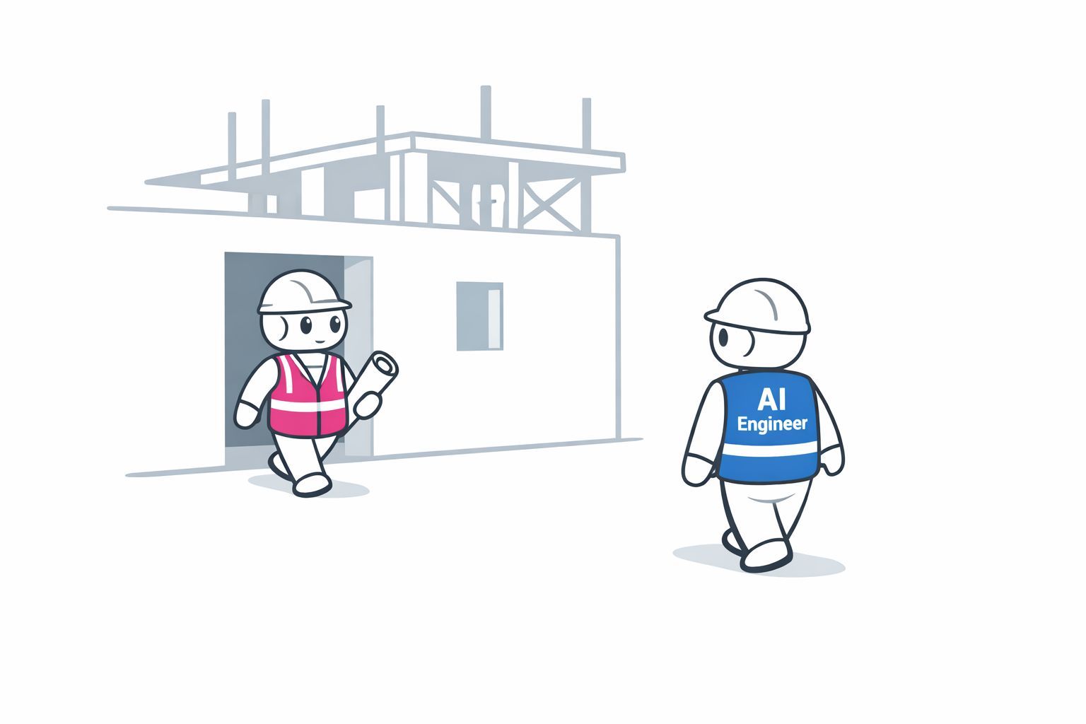 Illustration eines bestehenden Bauprojekts, zu dem ein neuer KI-Ingenieur hinzukommt.