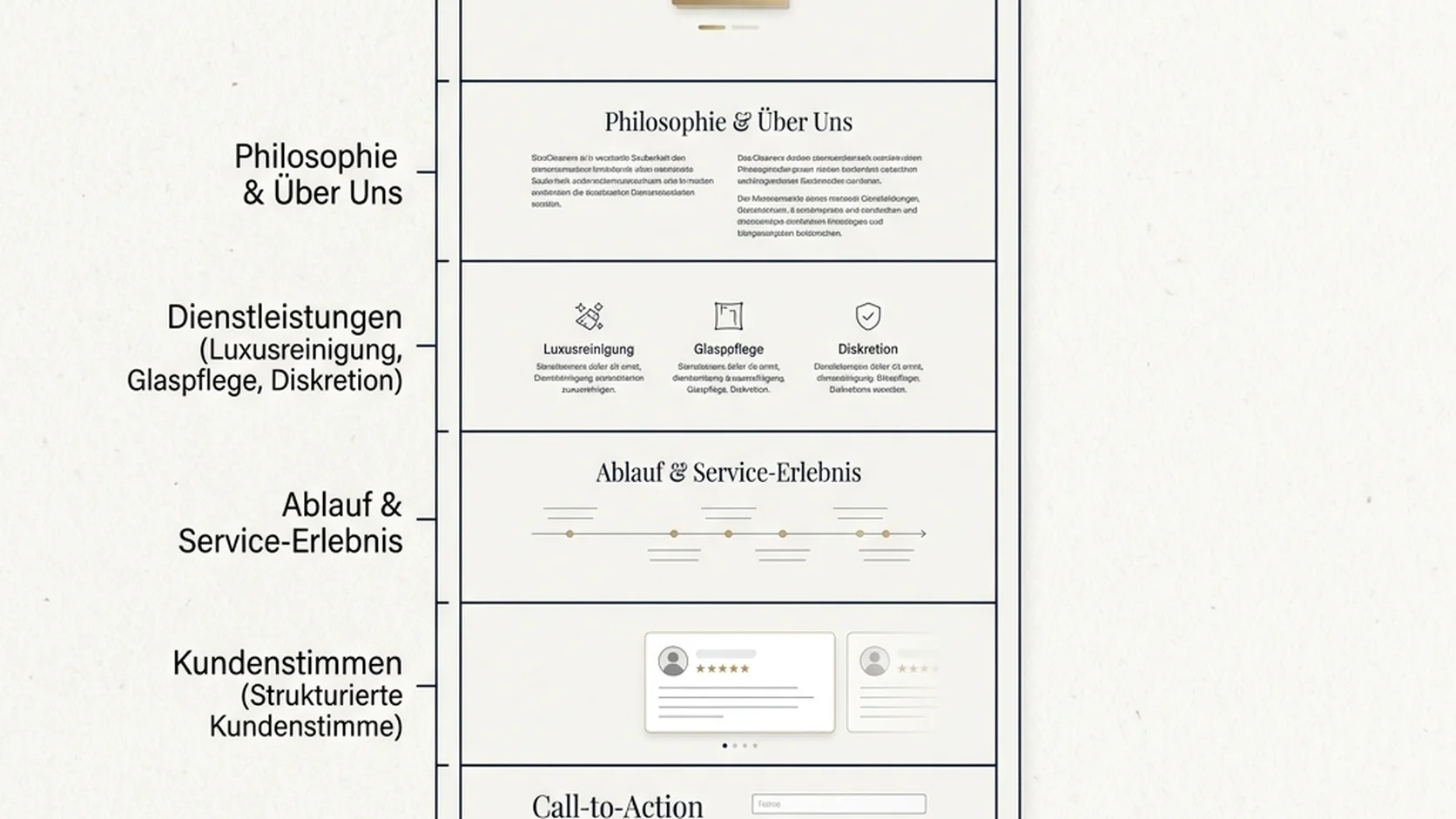 Dokumentationsrekonstruktion der StarCleaners-Seitenstruktur mit Hero-Bereich, Philosophie, Service-Angeboten, Kundenstimmen, Handlungsaufforderung und Footer.