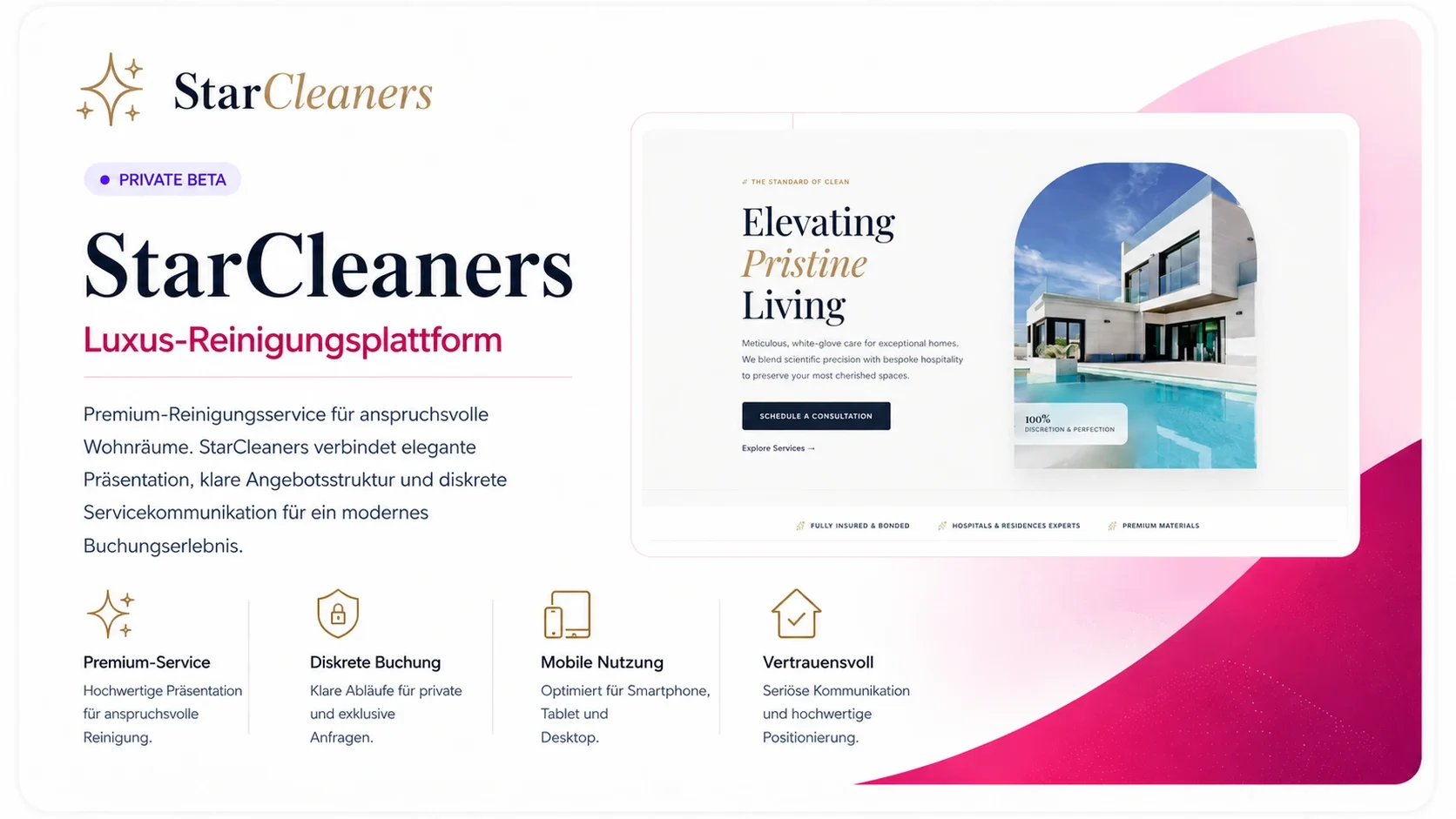 StarCleaners Portfolio-Visual mit einer rekonstruierten Premium-Reinigungswebsite für anspruchsvolle Wohnräume.